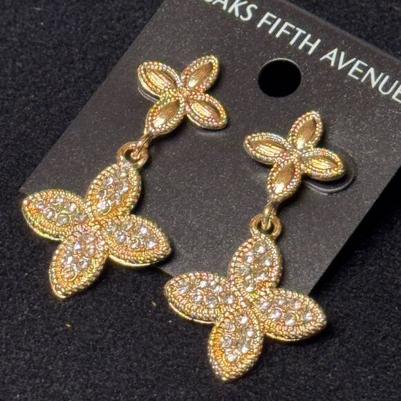 Saks Fifth Avenue Elegant Gold and Crystal Clover Floral Earrings 2 inch - Picture 5 of 7
